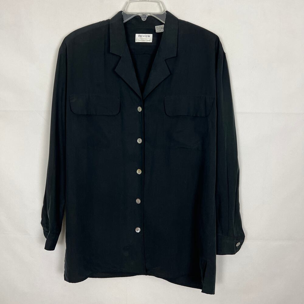 Preview Collection Vintage 100% Silk Top Black Button Down Size S